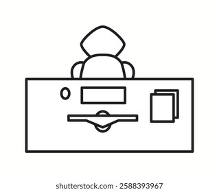 Vector illustration of an office desk with a chair, documents, and a computer seen from a top view. Ideal for workspace planning and interior design concepts.