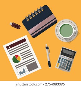 vector illustration of an office desk contains of paper report, agenda book, usb flashdisk, calculator, ballpoint and a cup of matcha tea