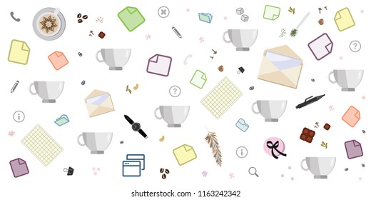 vector illustration of office desk light pattern with stationary detailed items and coffee