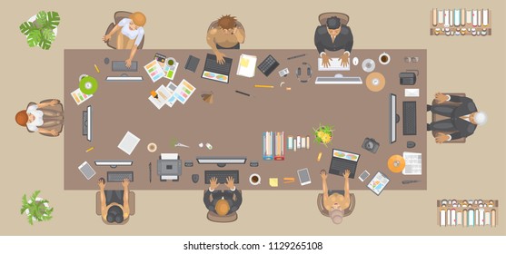 Vector illustration. Office desk, workplace, team work, business team. Top view.