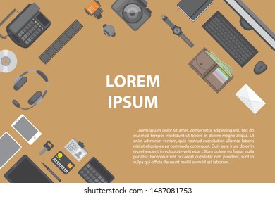 Vector illustration. Office desktop with office accessories. Top view. Desktop with business objects. View from above.