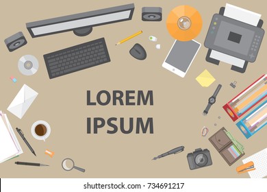 Vector illustration. Office desktop with office accessories. Top view. Desktop with business objects. View from above.
