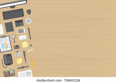 Vector illustration. Office desktop with office accessories. Top view. Desktop with business objects. View from above.