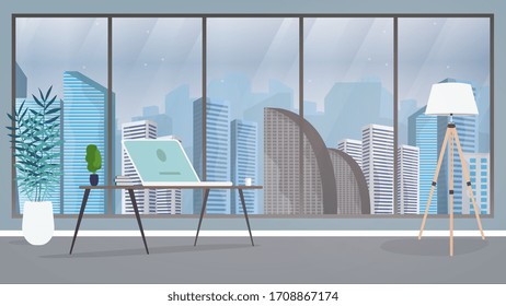 Vector illustration of an office. Office of the director or chief. Desk, laptop, floor lamp, stand with books.