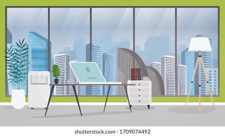 Vector illustration of an office. Office of the director or chief. Desk, laptop, floor lamp, stand with books.