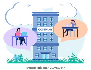 Vector illustration of an office employee coordinating with coworkers. Complete the task well. Scheduled workspace locations for flexibility and efficiency.