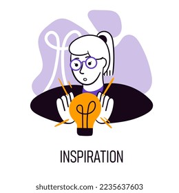 Vector illustration. Office employee generating new ideas for company growth. New professional strategies, working on innovations. Concept of business, career development, success, growth