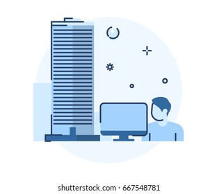Vector illustration. Office employee in the process of work