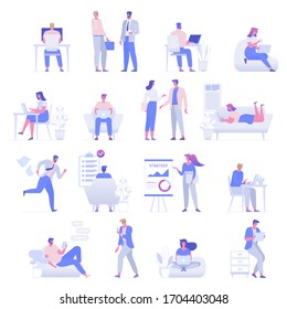 Vector illustration office employees set. Bundle man and woman personnel, manager or coworkers working on laptop or computer, talking, show presentation. Freelancer remote work, businessman workflow