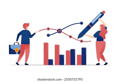 Ilustración vectorial de empleados de oficina que establecen objetivos de ventas y objetivos de rendimiento de la empresa mediante la elaboración de gráficos de líneas con plumas mientras llevan maletines para la estrategia empresarial