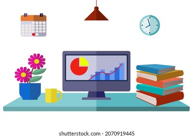 Vector illustration of an office with equipment, Conceptual flat design workspace interior with personal computer, book shelf, lamp, Perfect elements for your info graphic.