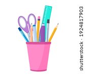 Vector illustration Office equipment pen holder. A set of bright office supplies in a flat cup. Bright Colored Pen Carandashi Scissors Ruler. Isolated on white background

