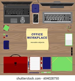 Vector illustration of office equipment workplace scene with movable objects