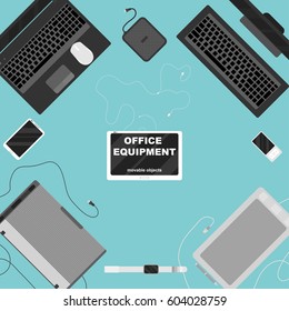 Vector illustration of office equipment workplace scene with movable objects