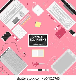 Vector illustration of office equipment workplace scene with movable objects