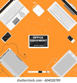 Vector illustration of office equipment workplace scene with movable objects