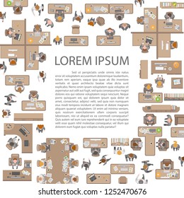 Vector illustration. Office in the form of a square frame. Top view. People at work in open space. (view from above)