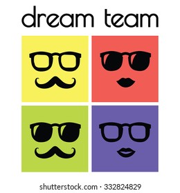 Vector illustration for office with funny cartoon icon faces showing teamworking in funny way isolated on white background