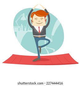 Vector illustration Office hipster man practicing tree yoga pose near his workplace