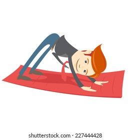 Vector illustration Office hipster man practicing downward facing dog pose 