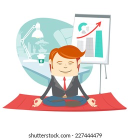 Vector Illustration Office Hipster Man Doing Yoga Pose Lotus (meditating) Near His Workplace