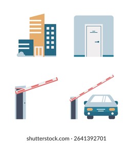 Vector illustration of office and house icon. Set of office and system stock vector illustration. Office buildings, door, barrier, car with barrier