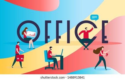 Vector illustration with office inscription and working people. Business concept. Flat style. Design for web page, presentation, print.