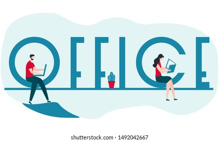 Vector illustration with office inscription and working people. Business concept. Flat style. Design for web page, presentation, print.