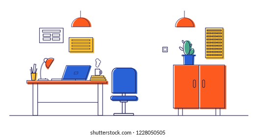 Vector illustration office interior, office decor: Desk, computer, laptop, Desk lamp, wardrobe. Office furniture.