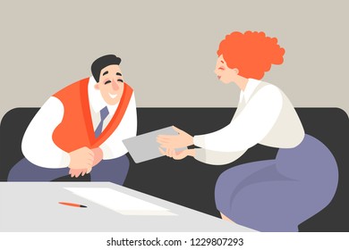 Vector illustration of office life with a man and a woman looking at the tablet. Cartoon characters