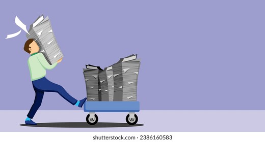 vector illustration of an office man carrying a heavy stack of papers, copy spce area