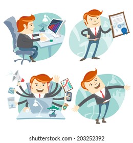 Vector Illustration Office Man Hipster Set: Showing A Diploma, Happy Worker, Busy White Collar Working Hard By Eight Hands, Sitting At His Desk 