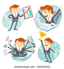 Vector Illustration Office man hipster set: showing a graph, Happy worker at his desk, busy yoga white collar working hard by eight hands, winner with first place golden cup