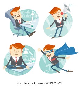 Vector Illustration Office man hipster set: flying super man wearing blue mackintosh, sitting on his desk and doing yoga, phone talking at coffee break, speaking with megaphone