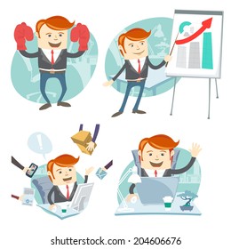 Vector Illustration Office man hipster set: showing a presentation, Happy worker at his desk, busy white collar working hard , superman with gloves