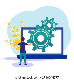 Vector Illustration eines Büromanns mit Laptop Hintergrund. Förderung im Netz. Manager an einem Remote-Job.