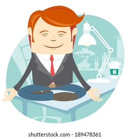 Vector Illustration of  Office man meditating on his working desk