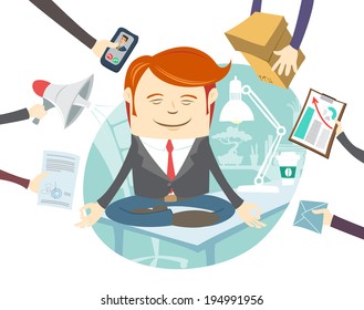 Vector Illustration of  Office man meditating in the middle of busy workday
