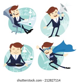 Vector Illustration Office man set: flying super man wearing blue mackintosh, sitting on his desk and doing yoga, phone talking at coffee break, speaking with megaphone