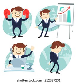 Vector Illustration Office man set: showing a presentation, Happy worker at his desk, busy white collar walking sad , superman with gloves 