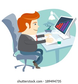 Vector Illustration of  Office man sitting at his working desk