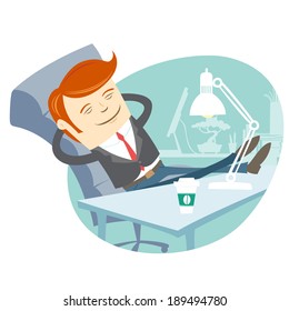 Vector Illustration of  Office man sitting with feet on his working desk