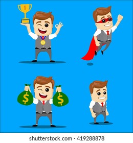 Vector illustration Office manager set. Set of funny cartoon office worker in various poses. Manager character as a super hero. Worker with money bag in hands. Businessman set. 