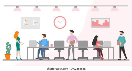 Vector illustration with office men and women working together. Creative people teamwork. Office space. Modern office interior with employees. Design for apps, websites, print, presentation.