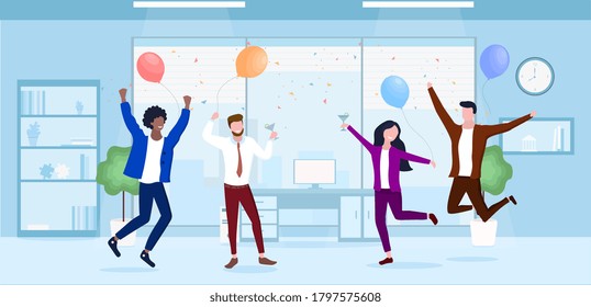 Vector illustration of office party. Coworkers celebrating and have fun on corporate in office