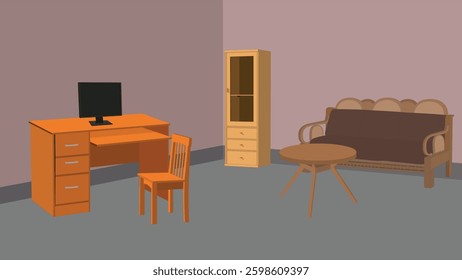 vector illustration of an office room with a computer desk and a monitor and keyboard.