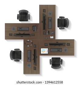 Vector illustration. Office room. Top view. Office desk, chair, computer and items. (View from above)