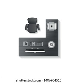 Vector illustration. Office room. Top view. Office desk, chair, computer and items. (View from above)