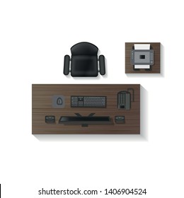 Vector illustration. Office room. Top view. Office desk, chair, computer and items. (View from above)