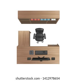 Vector Illustration. Office Room. Top View. Office Desk, Chair, Office Cabinet, Computer And Items. (View From Above)